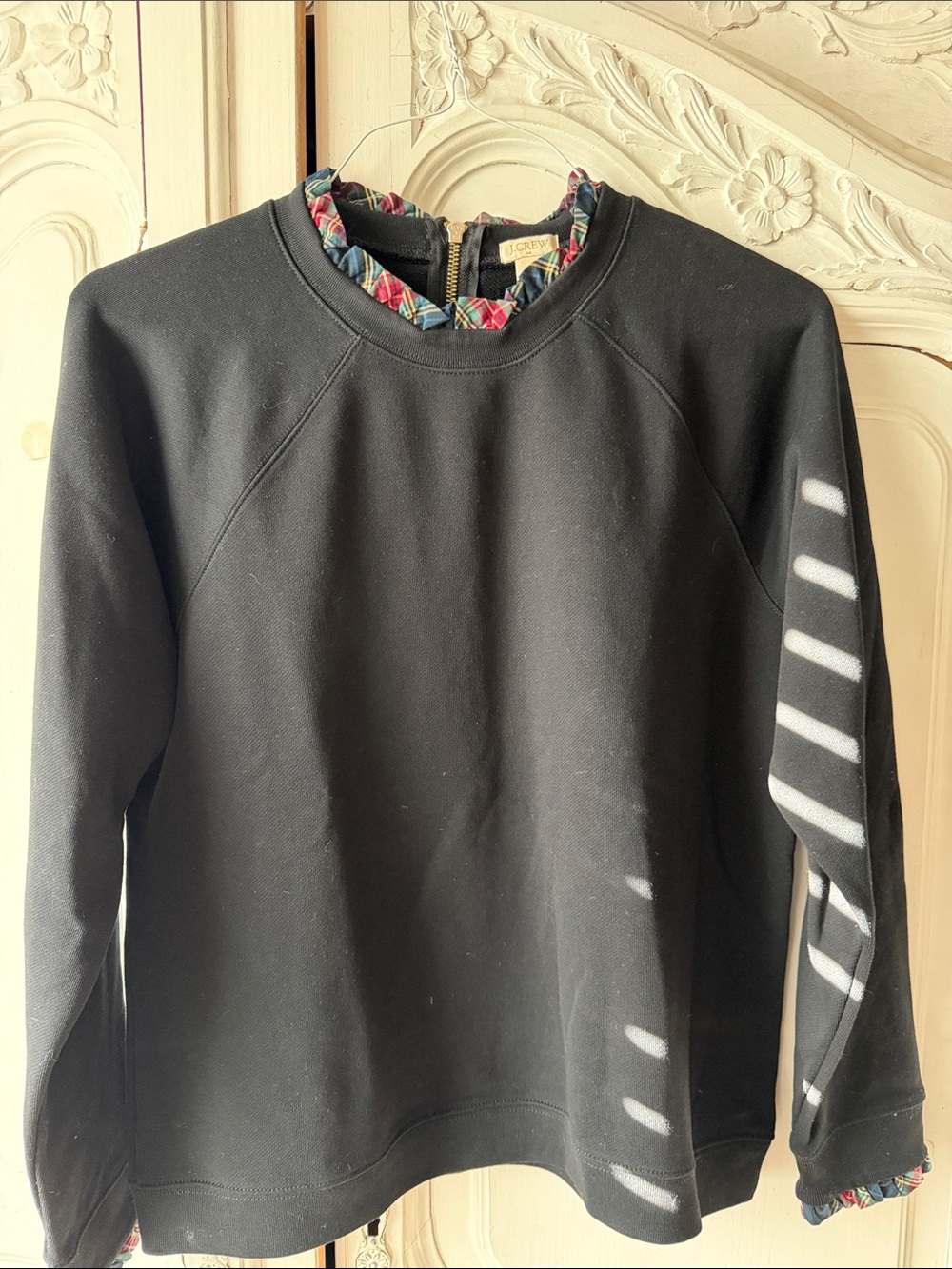 J. Crew Black Crewneck Sweatshirt with tartan Trim
